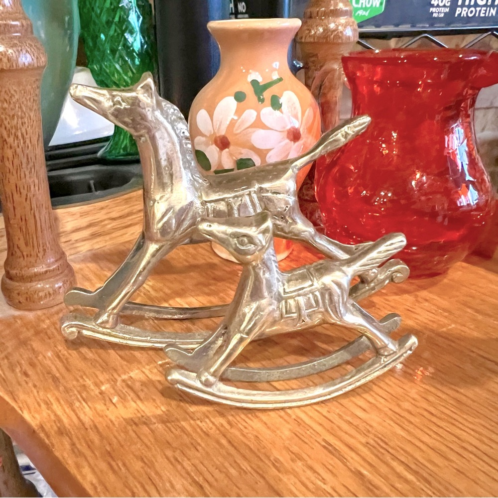 Vintage 1970s Set of Two Miniature Solid Brass Rocking Horses